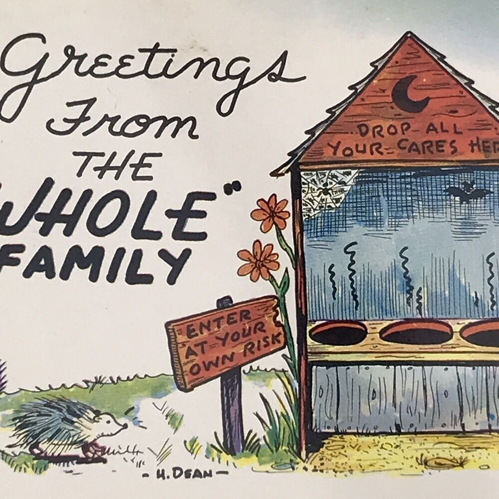 Humorous Vintage Outhouse Greetings From The Whole Family Funny Cartoon Art